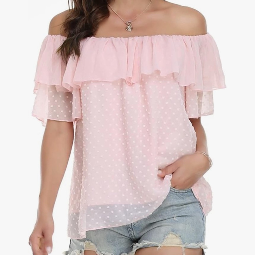 Light Pink Chiffon Off the Shoulder Ruffle Top